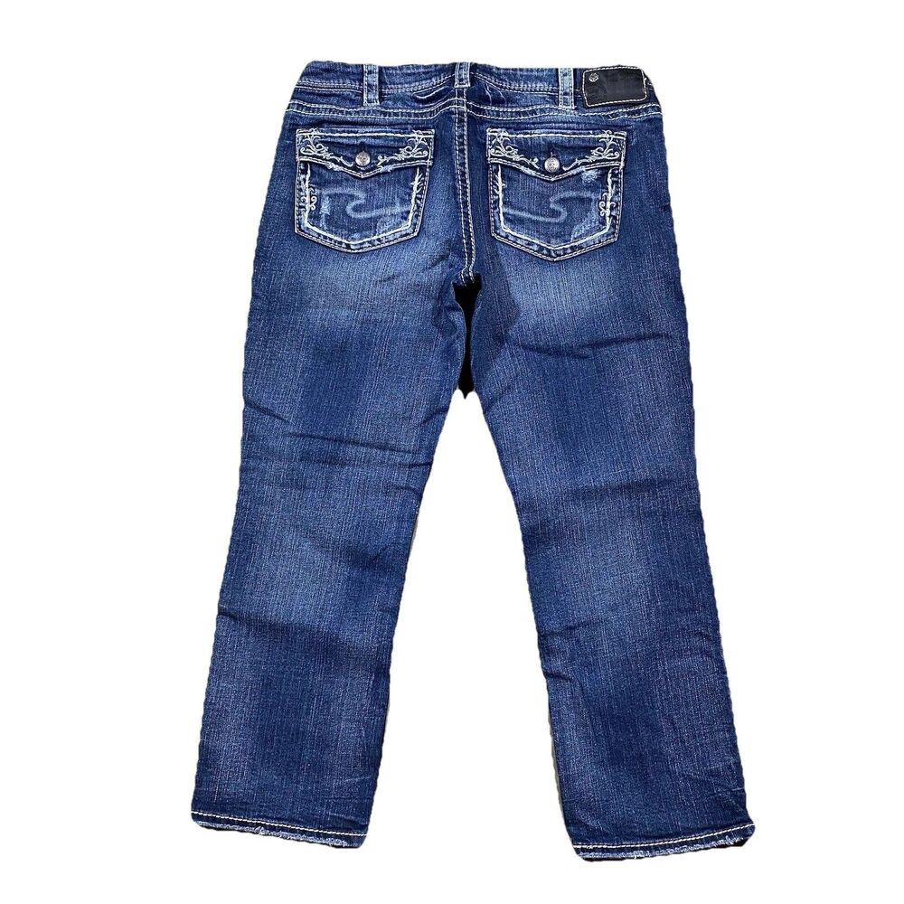Silver Jeans Co Aiko Mid Capri Distressed Blue Jeans Embroidered Pockets 32x24.5